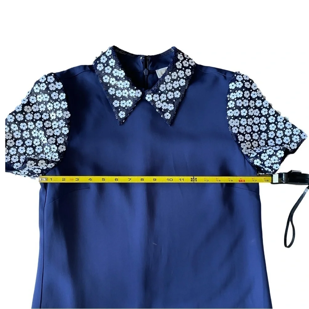 Michael Kors Floral Appliqué Collared Shift Dress Navy Blue and White Size 8